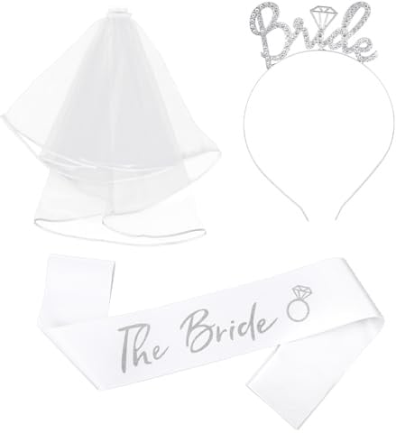 3 Stück Sliber Strass Braut Haarreif, Brautschleier, Schleier Jga Braut, Schärpe Bedrucken, Bachelorette Party Accessories, Junggesellinnenabschied Frau Accessoires für Hochzeit