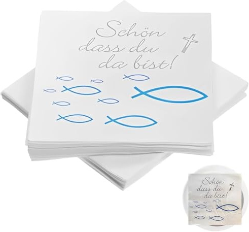 Luxorium Servietten Kommunion 20 Stück Fisch Blau Türkis für Junge Taufe Konfirmation Tischdeko 16.5x16.5 cm 3 lagig