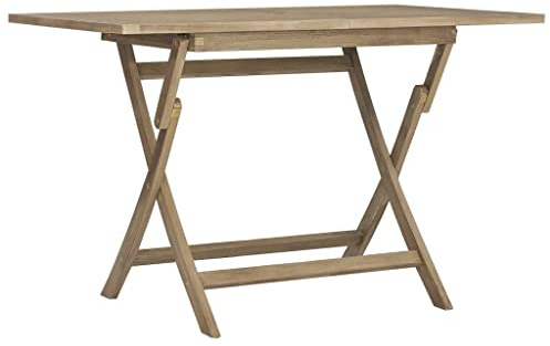 Foknhdi Table de jardin pliante 120 x 70 x 75 cm en bois de teck avec trou pour parasol Gris lasuré Table de camping