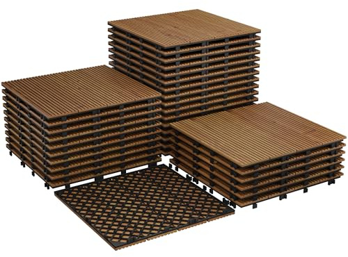 Garvee Dalles extensionérieur en bois d'acacia massif 30x30cm, Brun 33PCS | Caillebotis clipsables étanches et antidérapantes, installation facile pour terrasse, balcon, piscine, jardin, douche