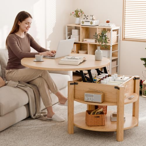 ELUCHANG Couchtisch Rund mit Hebeplatte, Couchtisch Höhenverstellbarer 2 in 1, Beistelltisch Wohnzimmertisch mit Verstecktem Ablagefach Stauraum, Offenem Fach, für Wohnzimmer/Büro, 80x80cm, Eiche