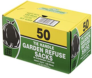 LE CUBE Tie Handle Garden Refuse Sacks, Dispenser Box of 50 Heavy Duty Green Plastic Bin Bags, 120 Litre Capacity, Rim 163cm x Depth 107cm