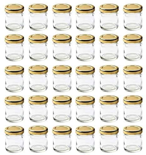 Nutley's Lot de 30 bocaux à Confiture Miniatures en Verre avec Couvercle à Visser doré 42,5 g