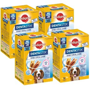 PEDIGREE DentaStix Hundesnack für mittelgroße Hunde (10-25kg), Zahnpflege-Snack mit Huhn und Rind, 4 Packung je 28 Stück (4 x 720 g)