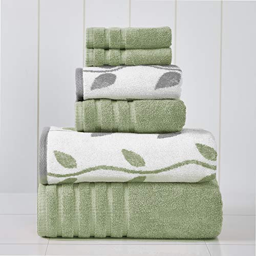 Amrapur 6-Piece Yarn Dyed Organic Vines Jacquard/Solid Ultra Soft 550GSM 100% Combed Cotton Towel Set 6 Stück garngefärbtes Handtuch, Bio-Reben, Salbeigrün, Baumwolle, 40.6 x 25.4 x 12.7 cm, 6