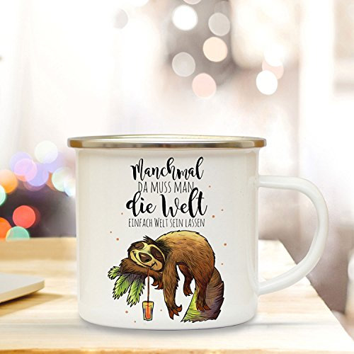 ilka parey wandtattoo-welt Emaille Tasse Becher mit Faultier & Spruch Kaffeebecher Camping Becher mit Motto Zitat Die Welt einfach Welt sein lassen eb30