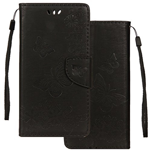 LEMORRY Handyhülle für Wiko Jerry 3 Ledertasche Hülle Flip Beutel Magnetisch Kartenschlitz SchutzHülle Weich Silikon Cover Schale für Wiko Jerry 3, Glücklich Schmetterling (Schwarz)