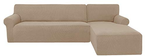 subrtex Sofabezug L Form Stretch Sofahusse Ecksofa Elastisch Eck Stretch-Sofabezug Eckcouch überwurf Weich Stoff Abwaschbar (Rechts 2 Sitzer, Sand)