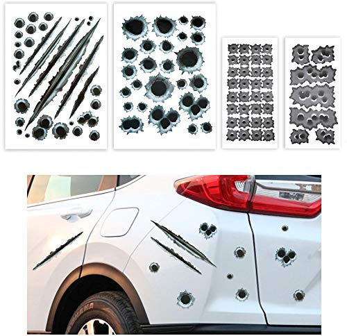 TOMALL 96-Loch 3D Einschussloch Auto Aufkleber Simulation Stereoskopische Gefälschte Waffen Einschussloch Aufkleber Automotive Motorhaube Frontabdeckung Dekorationen Kugel Wasserdichtes Auto 4 Sets