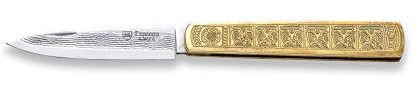 Expósito Navaja reproducción CALIFA con hoja de acero Sandvik 12c27 de 8,5 cm y empuñadura latón decorada CALIFAL artesanal clásica de Albacete. Original y única + Portabotellas regalo
