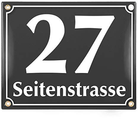 Sosenco Hausnummerschild Hausnummer mit Straßenname - 25x20 cm - Keramik Emaille - Wetterfest - Personalisiert (Anthrazit)