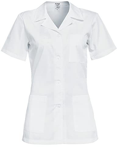 B-well Gabi Casaca Uniforme Empleada Hogar Con Botones - Enfermeras, Limpieza Mujer, Manga Corta, Cuello V y Solapa - Blanco S
