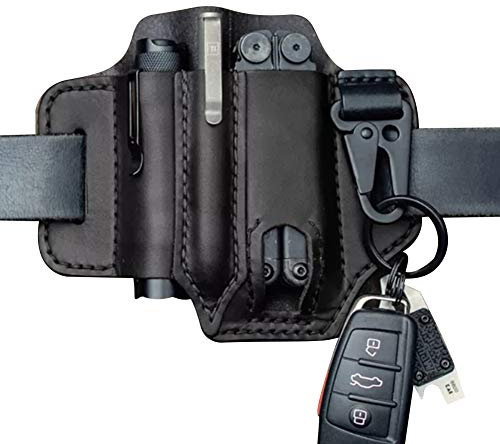 Multitool Leather Sheath Pocket Organizer, EDC Leather Sheath for Leatherman Multitools Leather Sheath/Key Holder Belt Loops Sheath/Flashlight Holster with Keyring, Tools for Outdoor Camping, Black