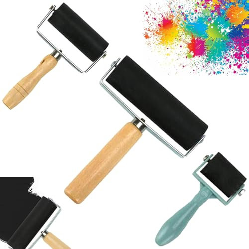 Andrückroller,3 Stück Gummiwalze Gummi Brayer Roller Paint Brush Gummiroller Linolfarbwalze mit Griff,Drei Modelle von groß mittel und klein für Stempelfarbblock Drucken Tapeten und Kunsthandwerk