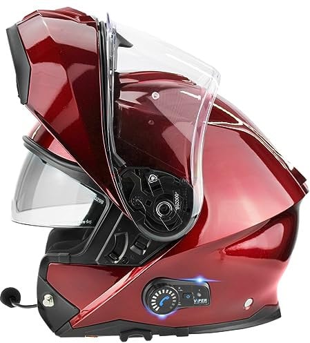 ViPER RSV191 Flip up Motorcycle Helmet with Blinc Bluetooth - Modular Double Visor Motorbike Helmets - Microphone Dual Speaker for Hands & Noise Free Automatic Answering ECE/ACU Gold Approved (Burgund