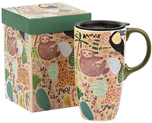 DUSVALLY Taza de cerámica para café, taza de viaje, taza de café de cerámica, taza de té latte de porcelana con tapa, caja de 17 onzas, animal, regalo para mamá