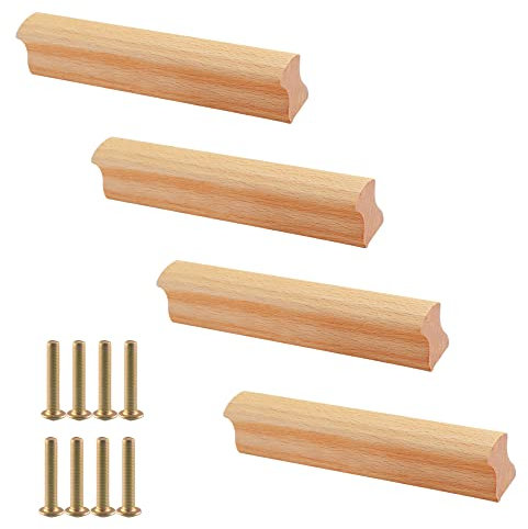 Belvanr 4 Stück Holzgriffe Küchenschränke Lochabstand 128 mm, Möbelgriffe Holz, Schrankgriffe Holz mit 8 Schrauben,für Küchenschränke, Möbel, Schubladen, Schränke,Küchen,Tür
