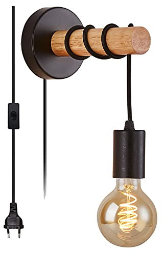 Mengjay Applique Murale Interieur, Industrielle Métal et Bois Lampe Murale Vintage Industrielle en Métal Éclairage pour Chambre Salon Restaurant Cuisine Couloir Bar, E27 (Noir)