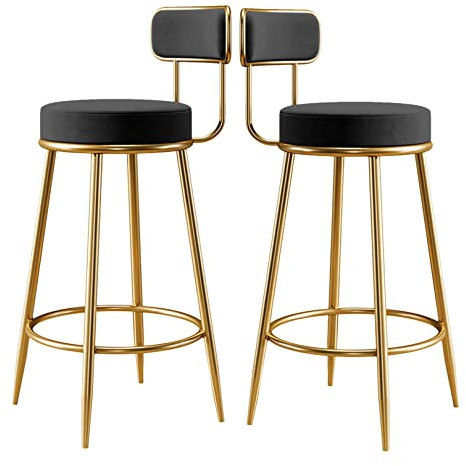 AMzo Taburete Alto de 65 cm de Altura de mostrador con Respaldo, Juego de 2 taburetes de Bar Dorados Modernos, sillas de Isla de Terciopelo para mostrador de Cocina, Soporte 150 kg, Negro