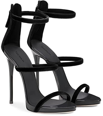 WOkismD Frauen Sexy Faux Samt Stiletto Sandalen Knöchelriemen Offene Spitze Reißverschluss hinten High Heels Mode Hochzeit Nachtclub Unisex Sandaletten mit Absatz Plus Größe 34-46,Schwarz,45