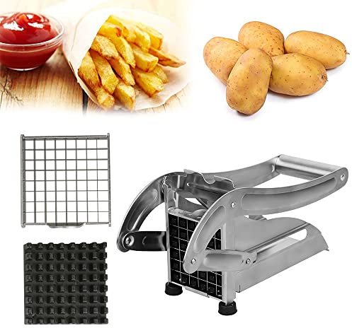 Coupe Frites en Acier Inoxydable Professionnel Trancheuse de Frites avec Lame de Rechange Coupe Pomme de Terre Frite Antidérapante pour Friteuse, Coupe Frites Manuel