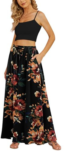 Yincro Damen Flowy Maxi Rock Sommer Plissee Hohe Taille Casual Lange Röcke mit Taschen, Braun Blumenmuster Schwarz, XX-Large