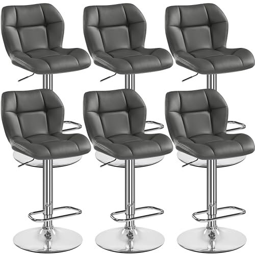 Yaheetech Barhocker 6er Set Höhenverstellbar 360°Drehbar Barstühle Küchenstühle mit Rückenlehne und Fußstütze, Barstuhl PU-Kunstleder Sitzhöhe 62,5 cm - 84,5 cm für die Küche, Grau
