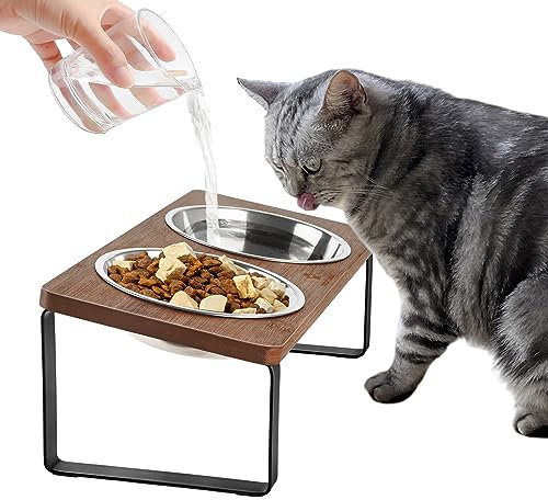 GUUSII HOME Gamelle Chat Surélevée Double Gamelle pour Chat INOX avec Support Bois Incliné Bol Chat Gamelle Chaton Gamelle Chat Anti Vomissement