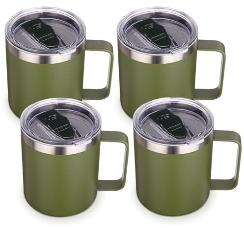 Volhoply 14oz Insulated Stainless Steel Coffee Mug with Lid Bulk 4 Pack,Double Wall Vacuum Travel Coffee Cup with Handle,Reusable Metal Tumbler,Camping Mugs Keep Hot,Christmas Gifts(Army Green,4)
