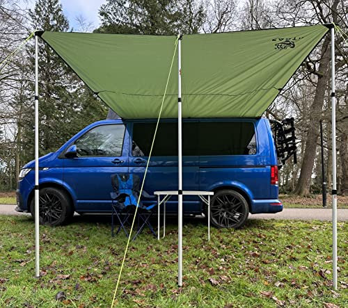 Wild Earth Awning Kit Sun Shade, RV, Camper, Motorhome, SUV, Truck, ANY Vehicle. Lightweight ripstop waterproof. Kit includes canopy set and awning rail. Securely attach to ANY vehicle (ARMY GREEN)