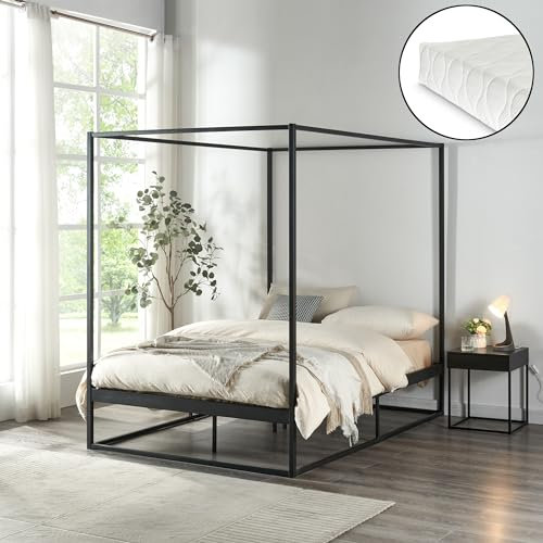 [en.casa] Himmelbett Kristianstad mit Matratze 120 x 200 cm Metallbett Doppelbett Bettgestell mit Lattenrost Bettrahmen Ehebett Schwarz