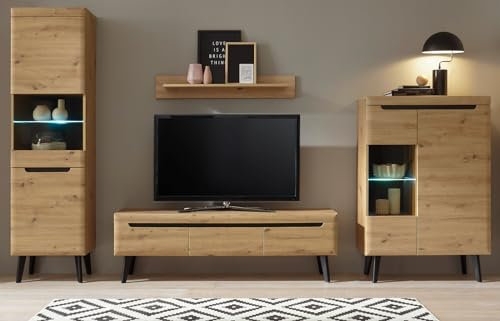 Furn.Design Wohnwand in Eiche Artisan und schwarz Wohnkombination Schrankwand 4-teilig Set skandinavisch 343 x 197 cm Ronson (Set 1)