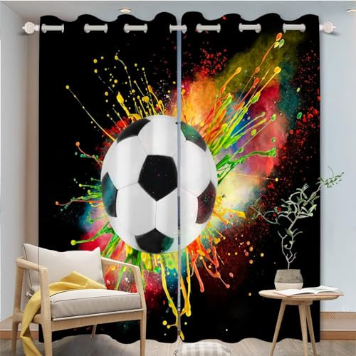 FABTOP Fußball Gardinen Verdunklungsgardine, Fußball Vorhänge Blickdicht Verdunkelungsvorhang, Sport Fußball Gardinen Mit Ösen Jungen Kinder (1,100×140BxH (50×140cm×2))