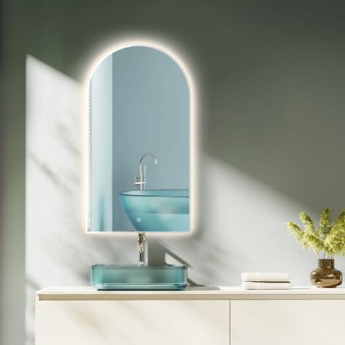 HOKO Badspiegel Bogen mit LED 50x90 cm / 90x50 cm Houston mit Weißer Metallrahmen, HOCH+QUER Montage. Arch Lichtspiegel+Touch Schalter+Licht Wechsel 2700-6500K, Warmweiß-Kaltweiß-Neutral