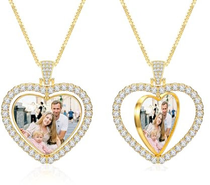 PiercingJak Charms Halskette beidseitig Foto Gravur Drehbar Herz Anhänger mit Strass 24 Kette Personalisierte Geschenke für Freundin Partner Familie, gold- herzförmig