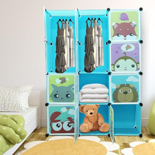 Kedia Kinderkleiderschrank, Schlafzimmerschrank, Modularer Kunststoffschrank mit Türen, Tragbarer Kleiderschränke, Garderobenschrank für Kinder (111 * 37 * 147cm blau)