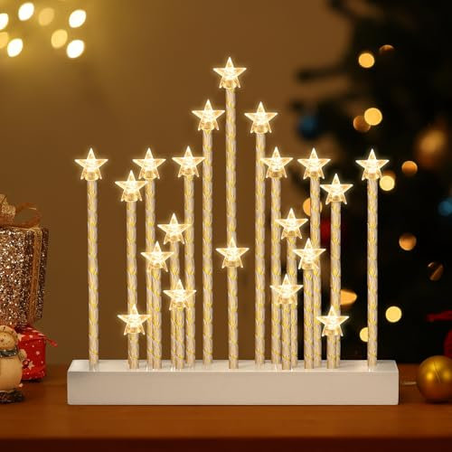 Lewondr Christmas Swedish Candelabra, Star Flameless Candles with 20 LED Taper Electric Candles, USB Powered Christmas Window Candle Light for Xmas Decoration Wedding Gift,White