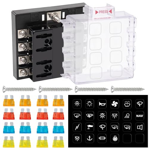 GUNGY Sicherungshalter 12 Volt KFZ Sicherungskasten 8 Fach Sicherungshalter Flachsicherung mit 16Pcs Sicherungen und Etiketten für Auto Wohnmobil Boot