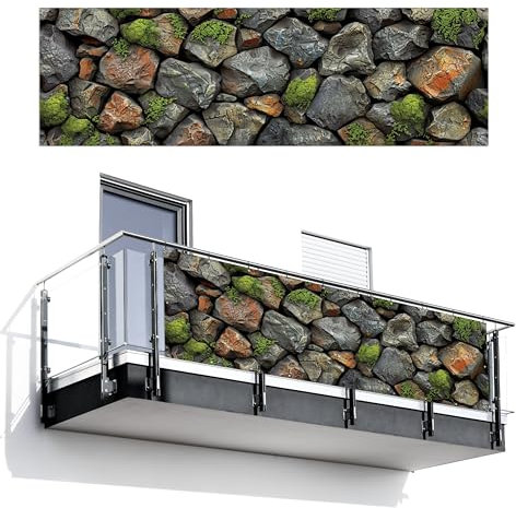 MuchoWow© Balkon Sichtschutz Einseitig 95x300 cm Groß PVC Kunststoff Garten Windschutz ohne Bohren Wetterfest Sichtschutzzaun Terrasse Balkonverkleidung Deko Steine - Steinoptik - Grau - Grün