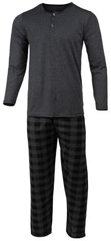 HEYO Pyjama long en coton pour homme - Ensemble 2 pièces - T-shirt à manches longues - Pantalon de pyjama à carreaux, gris foncé, XL