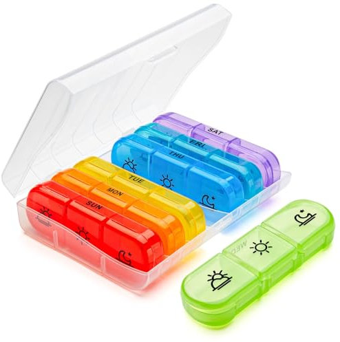 Tablettenbox 7 Tage Morgens Mittags Abends,Klein Pillendose Große Fächer,3 Fächer Pillenbox,Tablettendose Wochenbox Supplement Box Organizer,BPA-freier tragbare Medikamentenbox (Mehrfarbig)