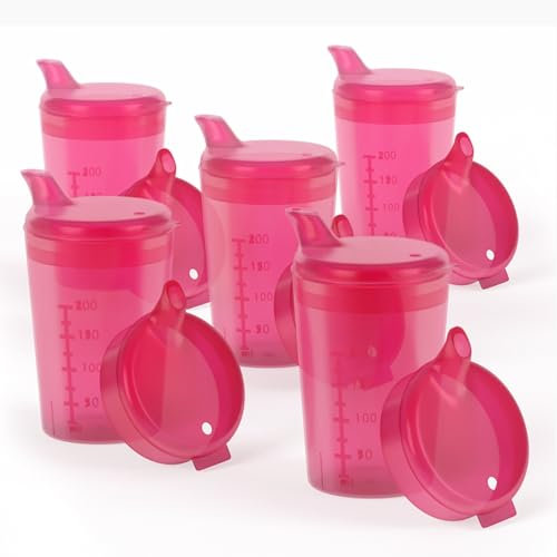 Horn Medical Pack of 5 Adult Drinking Aids 250 ml Sippy Cups Plus 5 Lids for Liquids & 5 Lids for Porridge/Mus - Choice of Colours (Red)