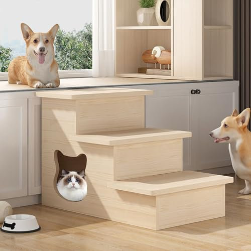 HEYOUTH Escalera para Mascotas,Escalera Perros Pequeños,rampa para Perros a 3 escaleras de Madera,Escalera para Gatos,con Casa,para Cama Alta y sofá