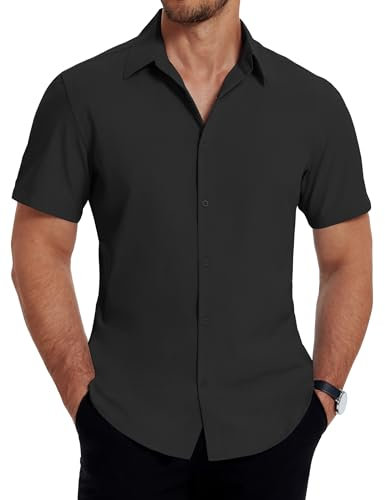COOFANDY Mens Short Sleeved Shirts Dress Shirts for Men Adult Business Casual Smart Shirt Regular Fit Button Down Shirt Black XXL