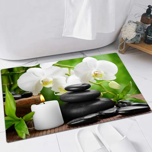 FSDGY Badvorleger Fußmatte Flauschig Teppich Badezimmerteppich Duschmatte für Bade & Wohnzimmer Schlafzimmer,Zen-Basaltsteine und Orchidee auf dem Holz,40x60 cm