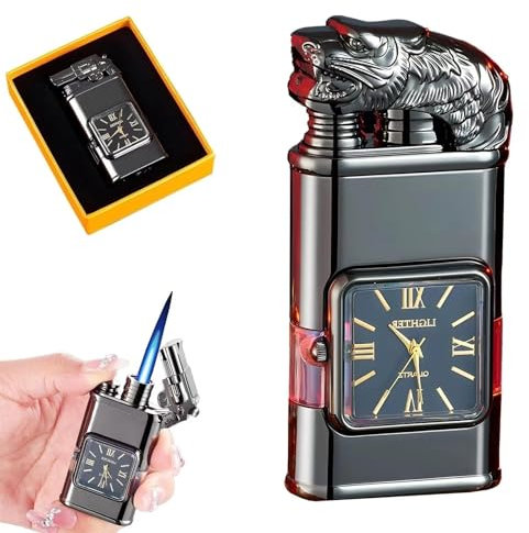 Windproof Lighter with Watch, Jet Fire/Soft Fire Switchable Lighter, Adjustable Flame Dial, Cool Magic Dual Flame Dragon Torch Lighter, Refillable Vintage Gift for Men/Husband (Fuel Not Included)(Blac