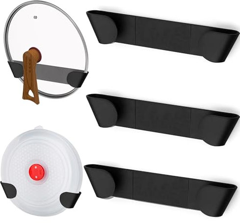 3 Pcs Adjustable Pan Lid Holder Wall Mounted, Self-Adhesive Kitchen Cupboard Organiser, Stainless Steel Pot & Saucepan Lid Storage Rack with 3M VHB Tape, Space Saving Cabinet Door Organizer for Home