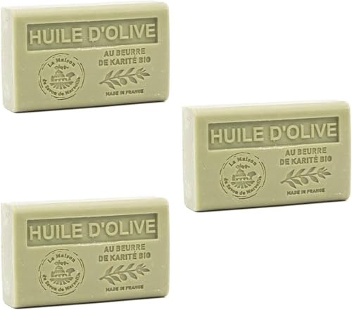Savon Solide parfum Huile d'Olive – Enrichi en Beurre de Karité Bio – Savon Parfumé - 100% Végétale- Fabriqué en Provence – Main & Corps Hydratant – 3x125g