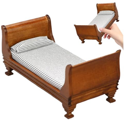 Dollhouse Bed, 1:12 Scale Vintage Single Doll Bed with Mattress & Pillow, 6x3x3 Inch Wooden Dollhouse Furniture, DIY Friendly Miniatures for Scene