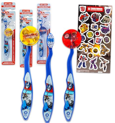 Transformers Zahnbürsten-Set für Kinder – Paket mit 3 Optimus-Prime-Zahnbürsten mit Sammelkappen und Aufklebern für Kinder, Jungen, Kleinkinder | Transformers Zahnbürsten-Set